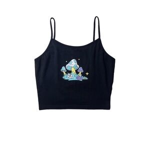 BLACK CROPPED CAMI W/ MUSHROOM GRAPHIC • SIZE XS